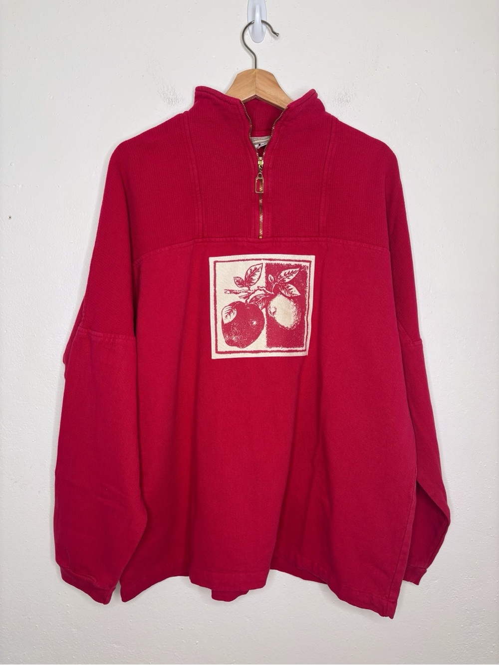 Vintage Coldwater Creek Bright Red Apple Applique Quarter Zip Boxy Pullover S/M